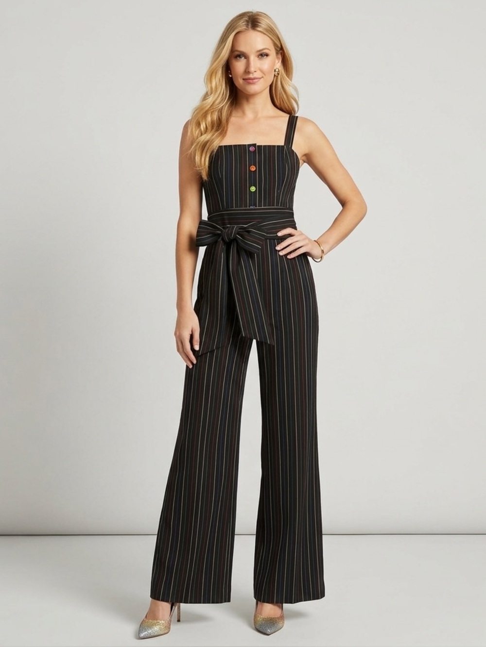 STAUD Tao Black Rainbow Pinstripe Belted Flare Leg Jumpsuit Women’s Size 0